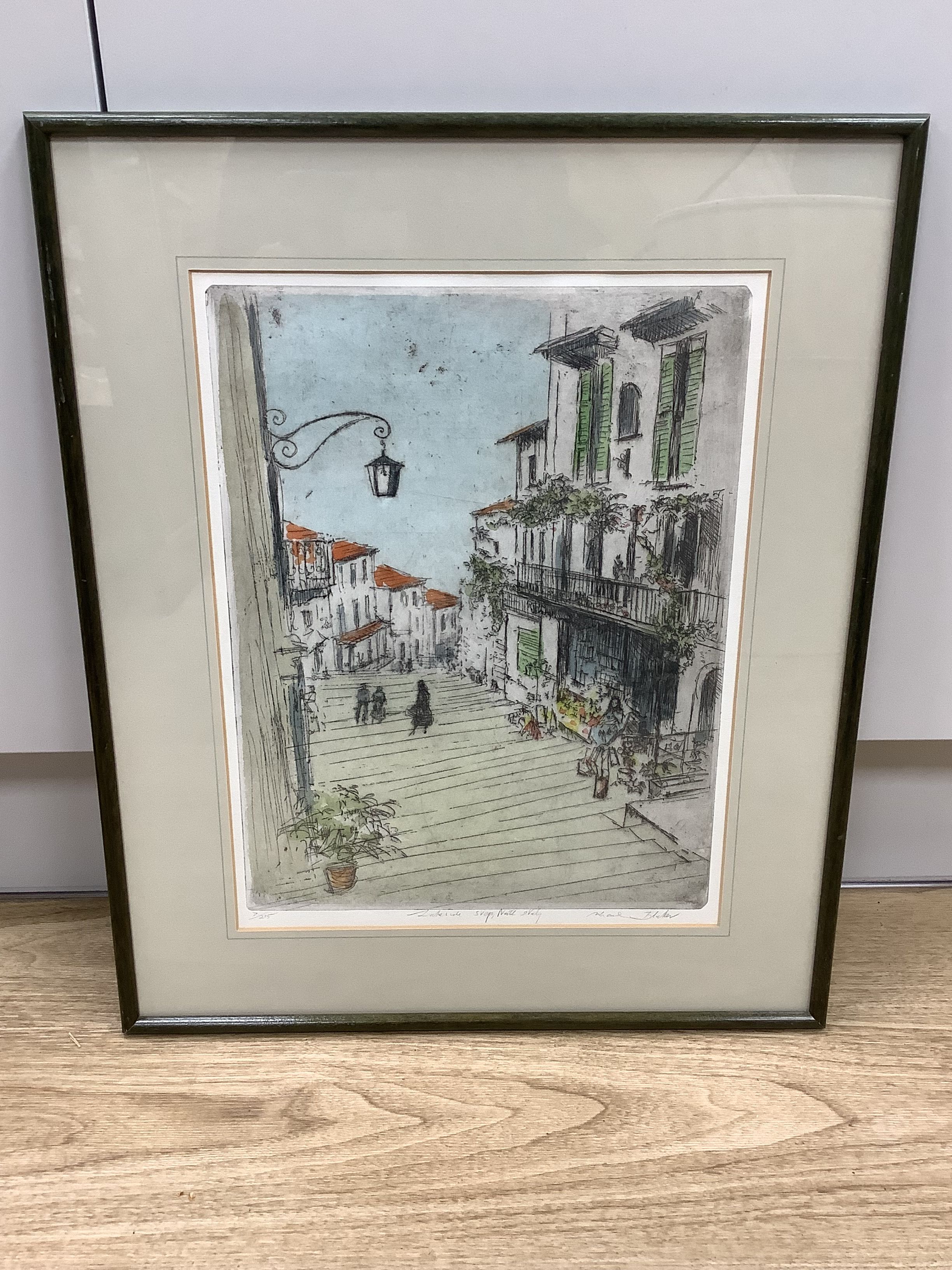 After Michael Blaker (1928-2018), five coloured etchings, including Brighton, Venice and Northern Italy